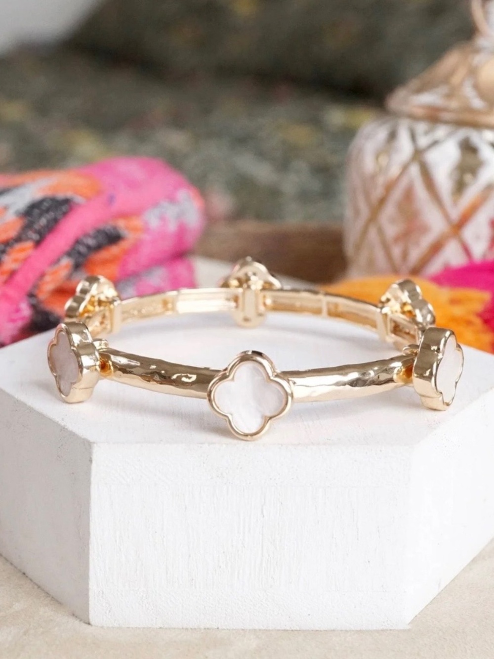 Gold Stretchy Bracelet with White Natural Stone Clovers